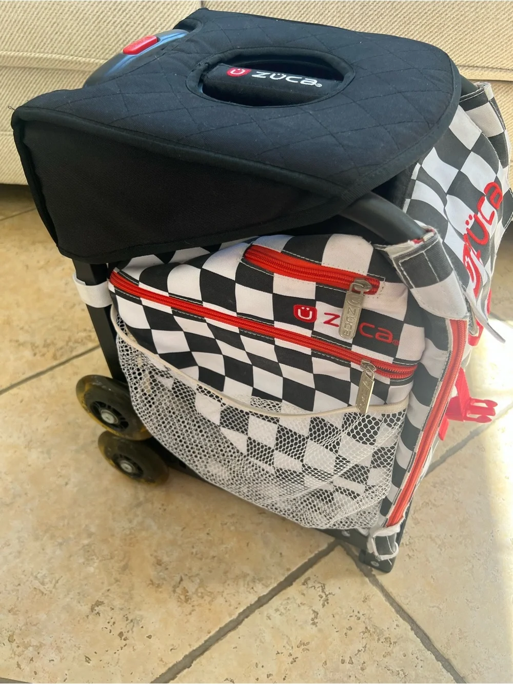 Zuca Rolling Cart - Black & White Checker with Red Accents